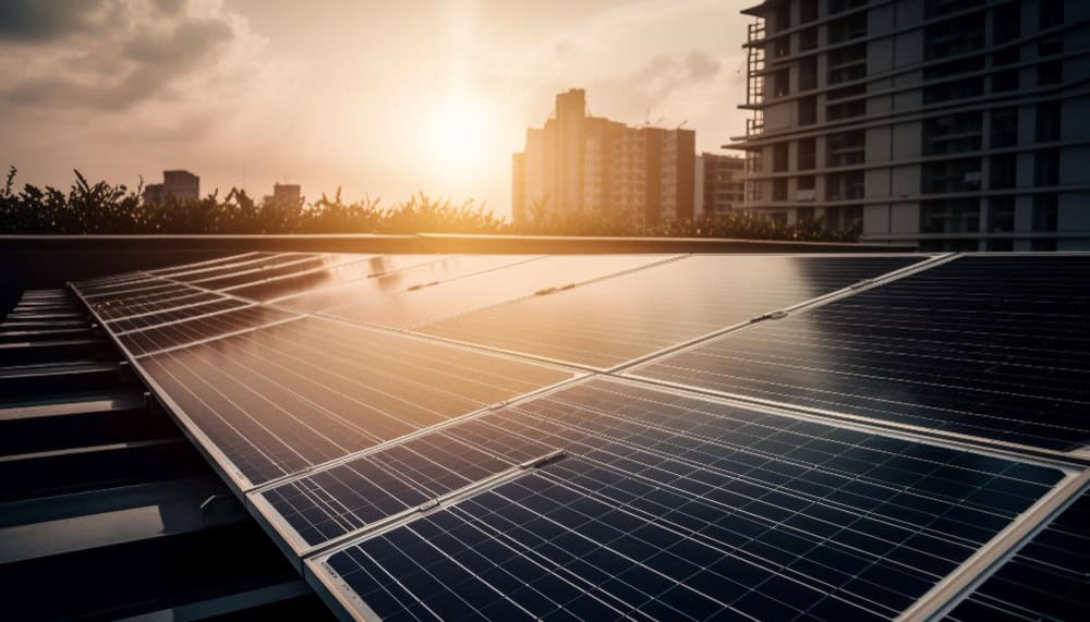 Solar panels on a rooftop at sunset. The panels are reflecting the golden light of the sun.