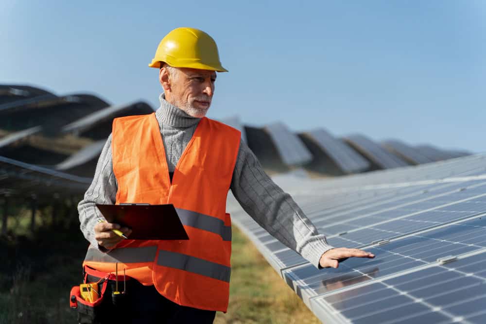 A man checking the solar panels for the industrial use.