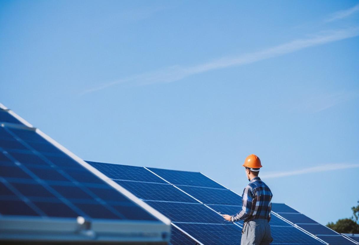 Solar panels installed on a rooftop, capturing sunlight against a clear blue sky