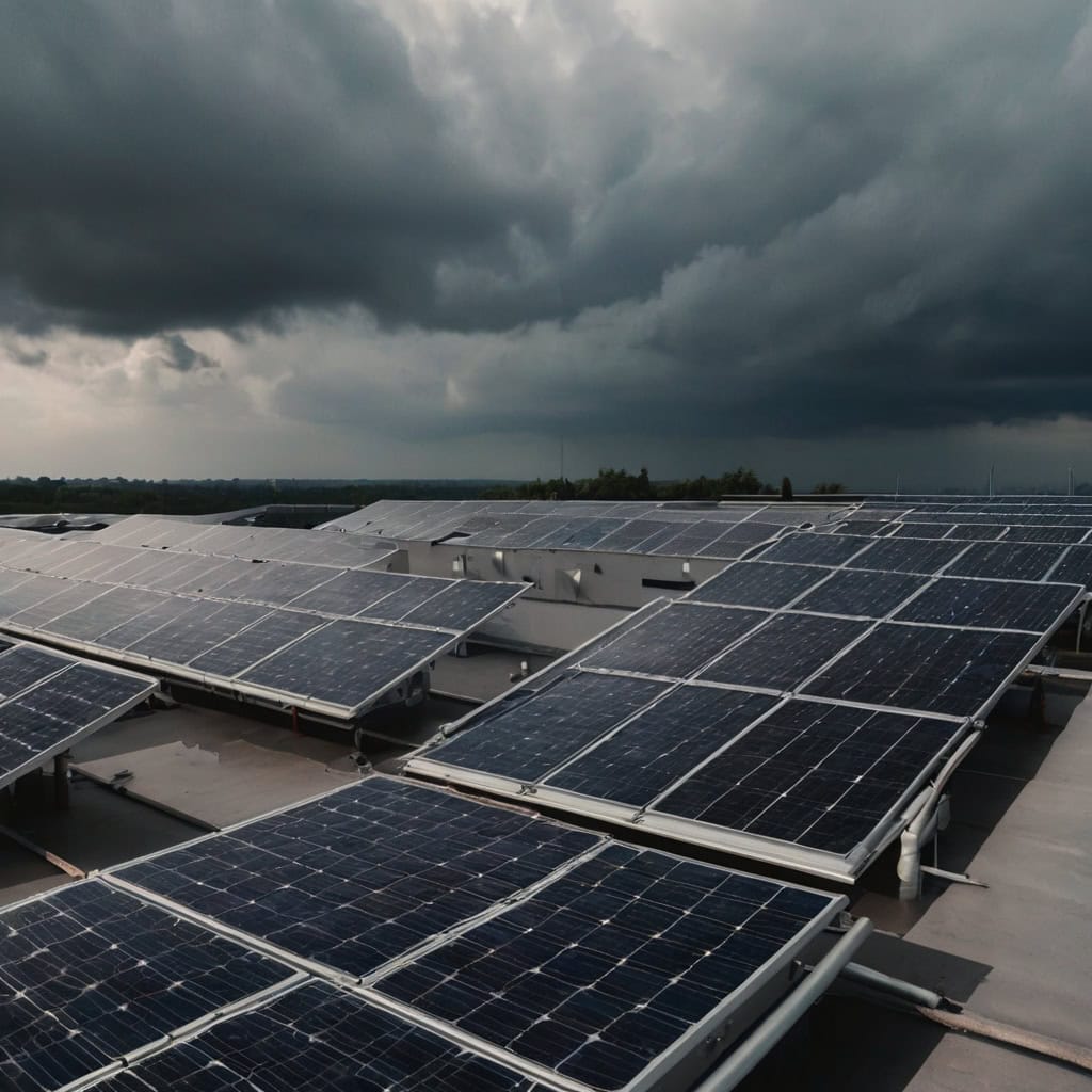 Solar panels on a roof, with a stormy sky.