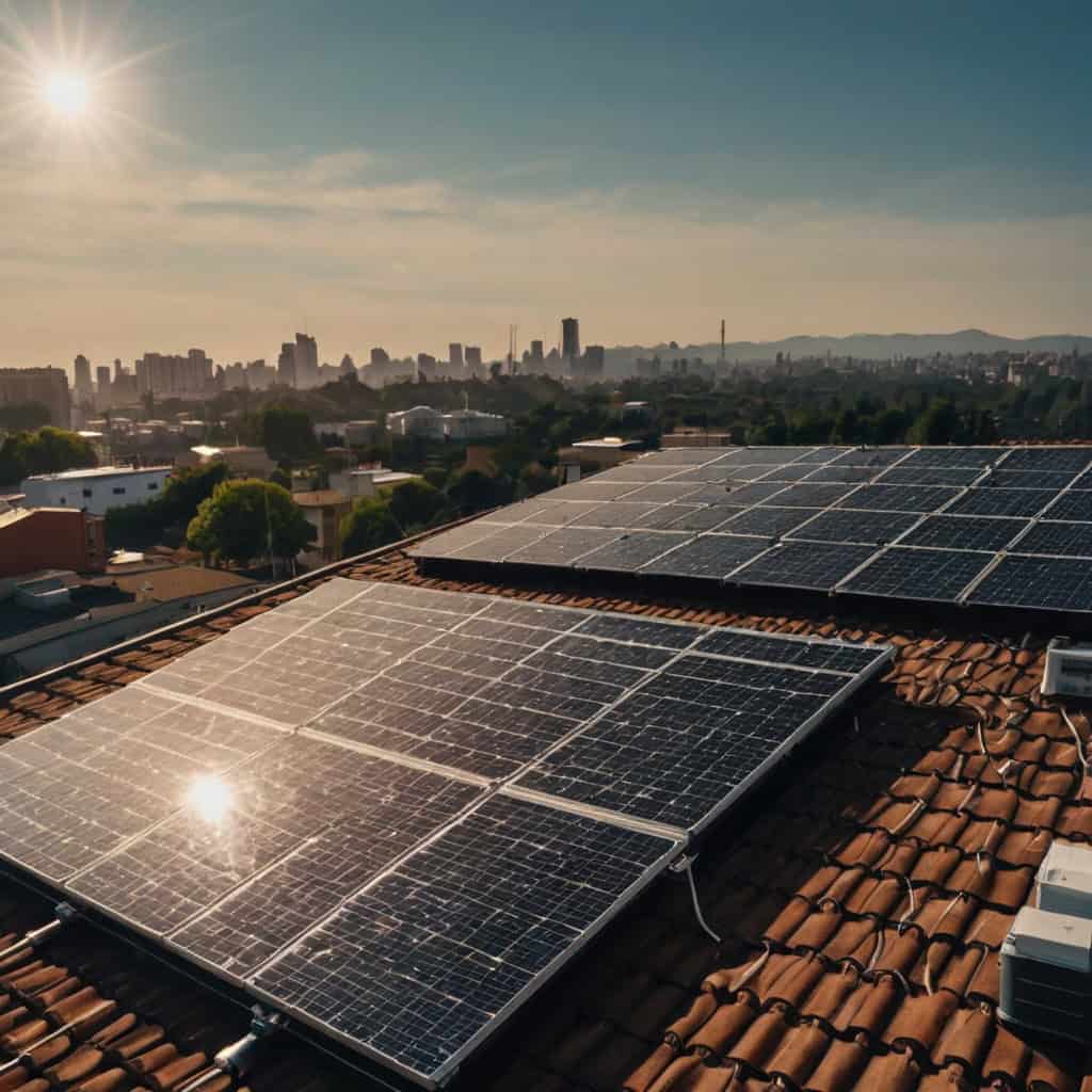 Solar panels on a rooftop, with a city skyline in the background.