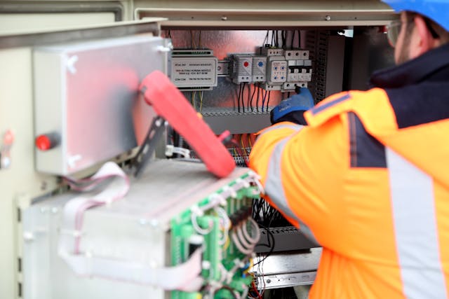 An electrician working on a complex electrical wiring system..