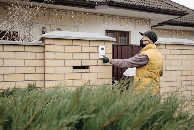 Man pressing the intercom button for the delivery.